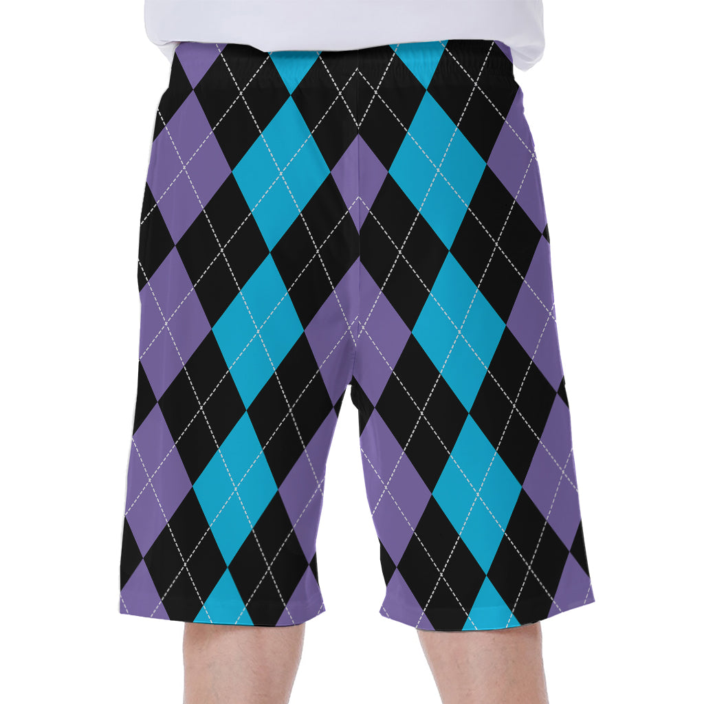 Purple Black And Blue Argyle Print Men's Beach Shorts