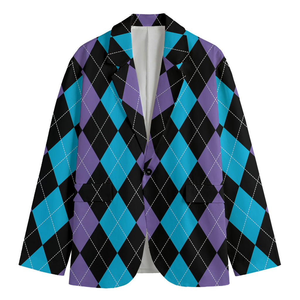 Purple Black And Blue Argyle Print Men's Blazer