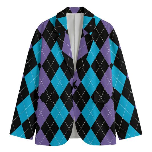 Purple Black And Blue Argyle Print Men's Blazer