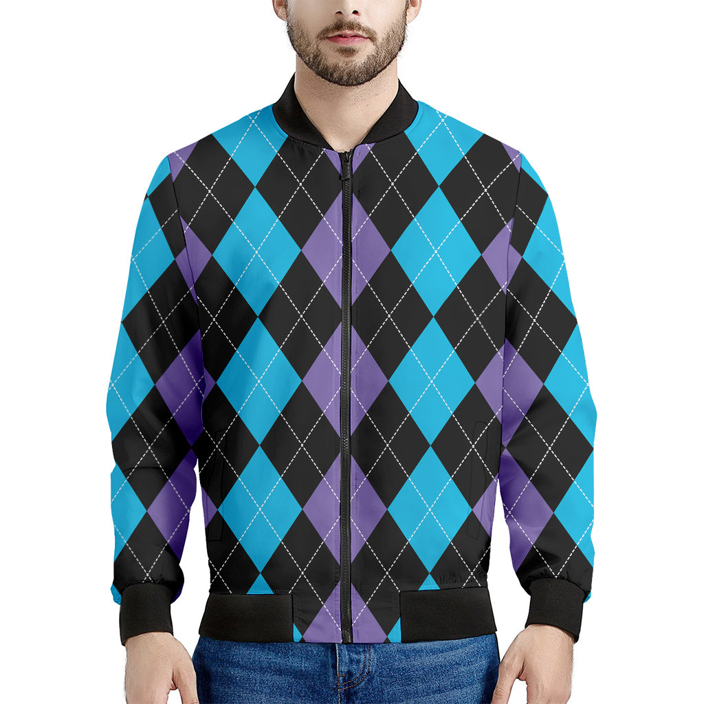 Purple Black And Blue Argyle Print Men's Bomber Jacket