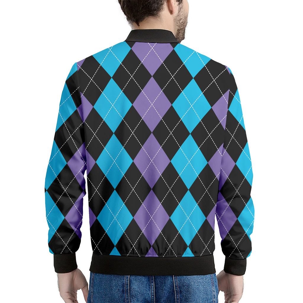 Purple Black And Blue Argyle Print Men's Bomber Jacket
