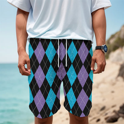 Purple Black And Blue Argyle Print Men's Cargo Shorts