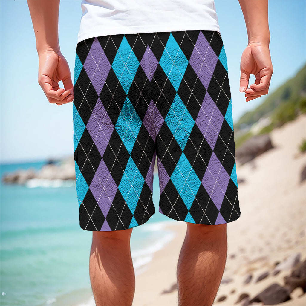 Purple Black And Blue Argyle Print Men's Cargo Shorts