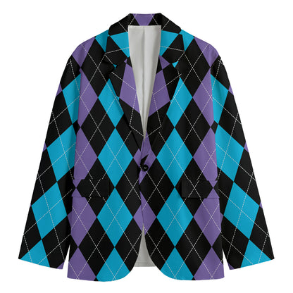 Purple Black And Blue Argyle Print Men's Cotton Blazer