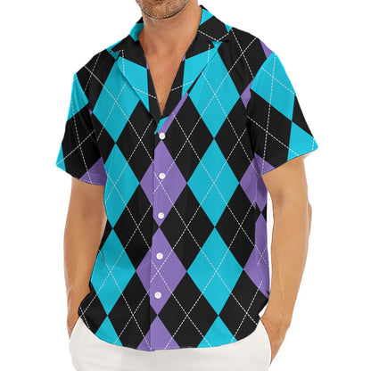 Purple Black And Blue Argyle Print Men's Deep V-Neck Shirt