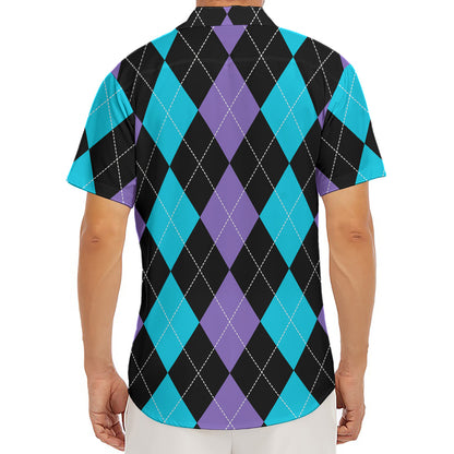 Purple Black And Blue Argyle Print Men's Deep V-Neck Shirt