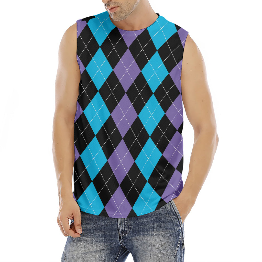 Purple Black And Blue Argyle Print Men's Fitness Tank Top