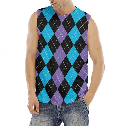 Purple Black And Blue Argyle Print Men's Fitness Tank Top