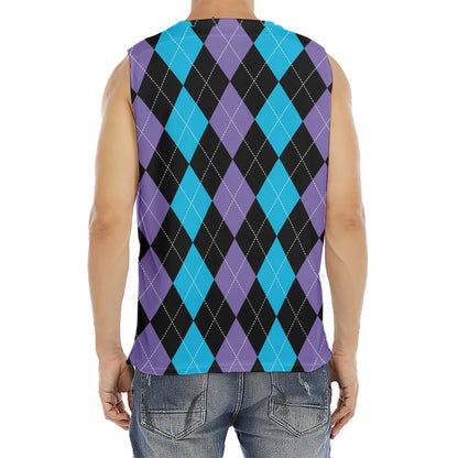 Purple Black And Blue Argyle Print Men's Fitness Tank Top