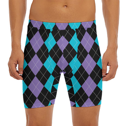 Purple Black And Blue Argyle Print Men's Long Boxer Briefs