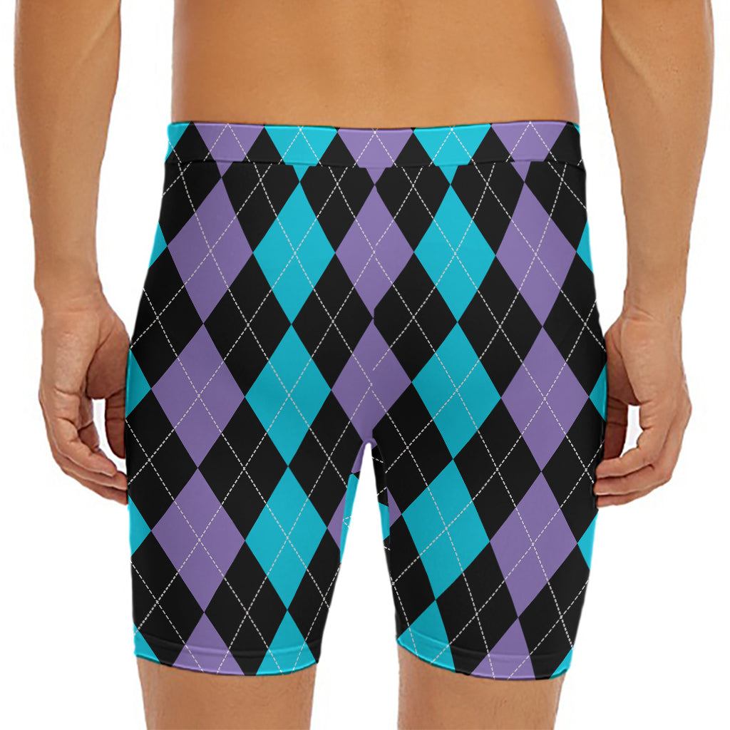 Purple Black And Blue Argyle Print Men's Long Boxer Briefs