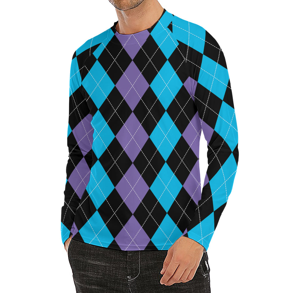 Purple Black And Blue Argyle Print Men's Long Sleeve Rash Guard