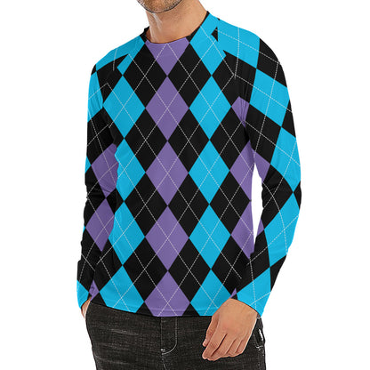 Purple Black And Blue Argyle Print Men's Long Sleeve Rash Guard