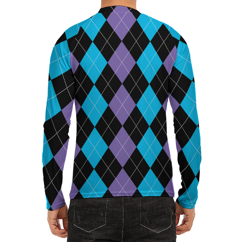 Purple Black And Blue Argyle Print Men's Long Sleeve Rash Guard
