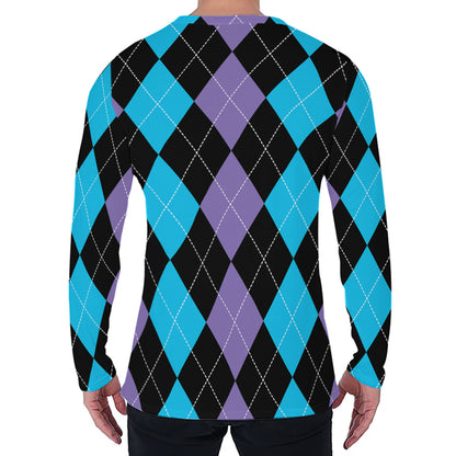 Purple Black And Blue Argyle Print Men's Long Sleeve T-Shirt