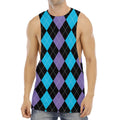 Purple Black And Blue Argyle Print Men's Muscle Tank Top
