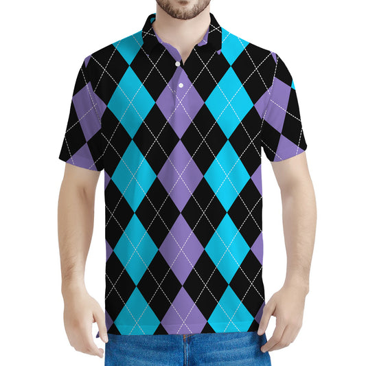 Purple Black And Blue Argyle Print Men's Polo Shirt