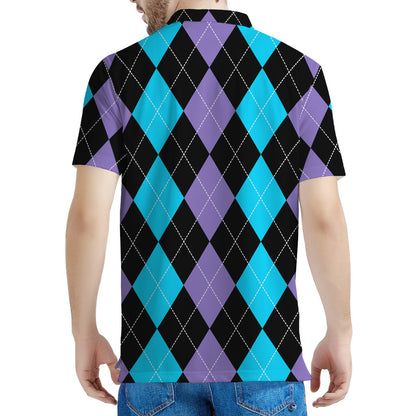 Purple Black And Blue Argyle Print Men's Polo Shirt