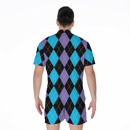 Purple Black And Blue Argyle Print Men's Rompers