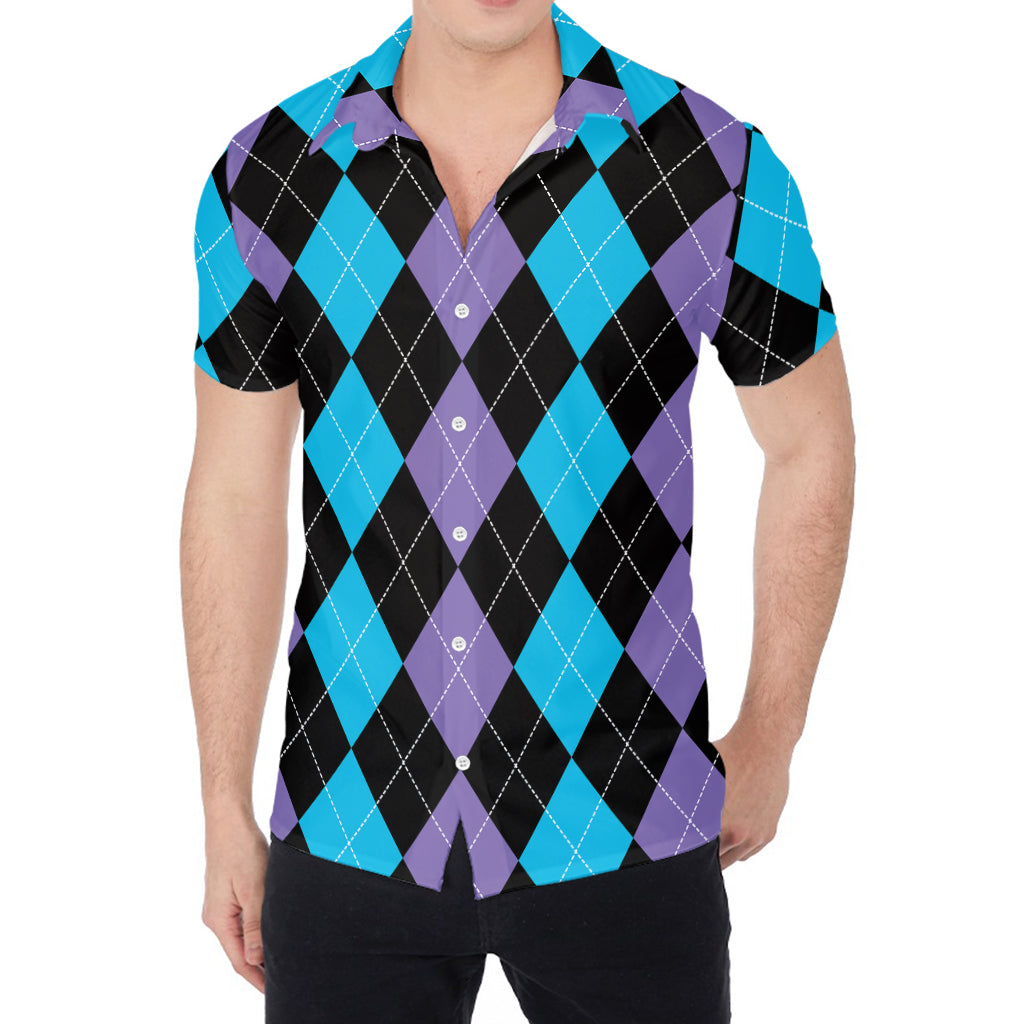 Purple Black And Blue Argyle Print Men's Shirt