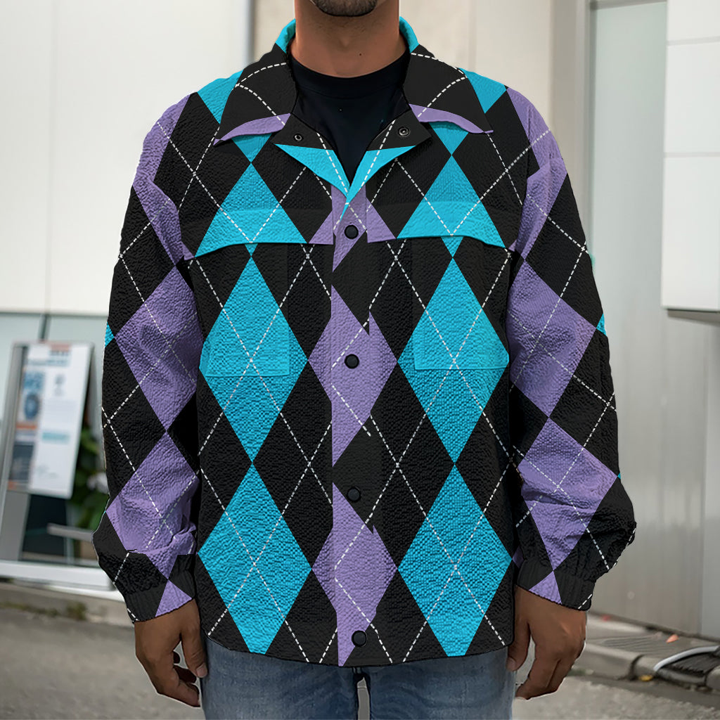 Purple Black And Blue Argyle Print Men's Shirt Jacket