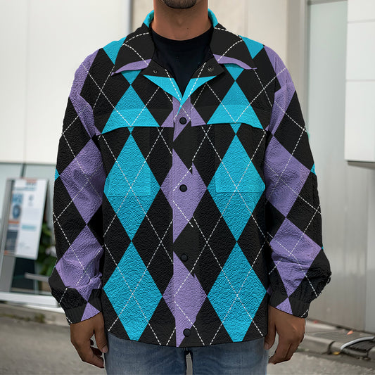Purple Black And Blue Argyle Print Men's Shirt Jacket