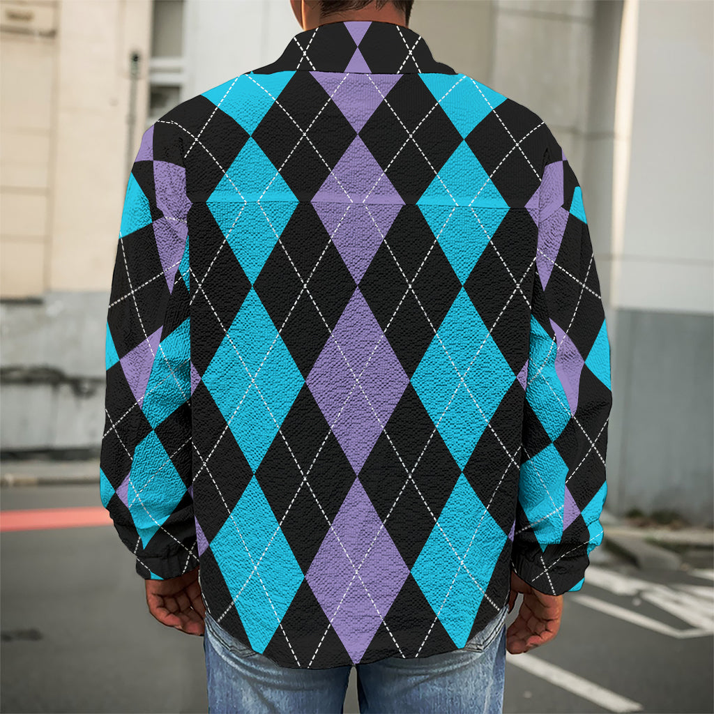 Purple Black And Blue Argyle Print Men's Shirt Jacket