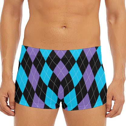 Purple Black And Blue Argyle Print Men's Short Boxer Briefs