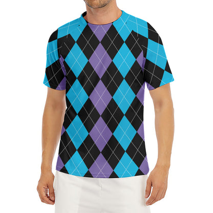 Purple Black And Blue Argyle Print Men's Short Sleeve Rash Guard