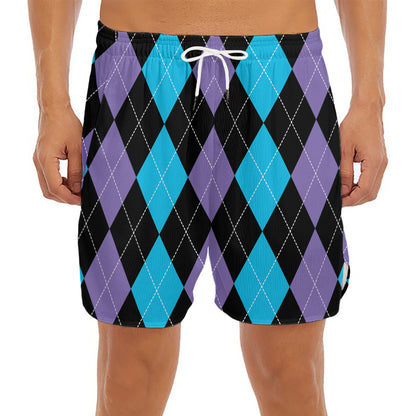 Purple Black And Blue Argyle Print Men's Split Running Shorts