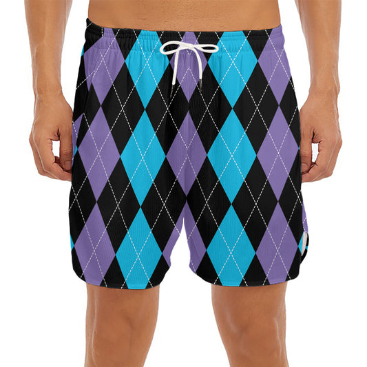 Purple Black And Blue Argyle Print Men's Split Running Shorts