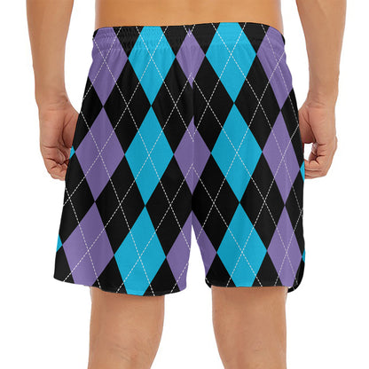 Purple Black And Blue Argyle Print Men's Split Running Shorts