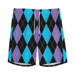 Purple Black And Blue Argyle Print Men's Sports Shorts