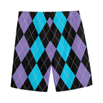 Purple Black And Blue Argyle Print Men's Sports Shorts