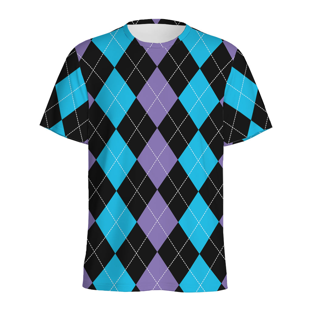 Purple Black And Blue Argyle Print Men's Sports T-Shirt