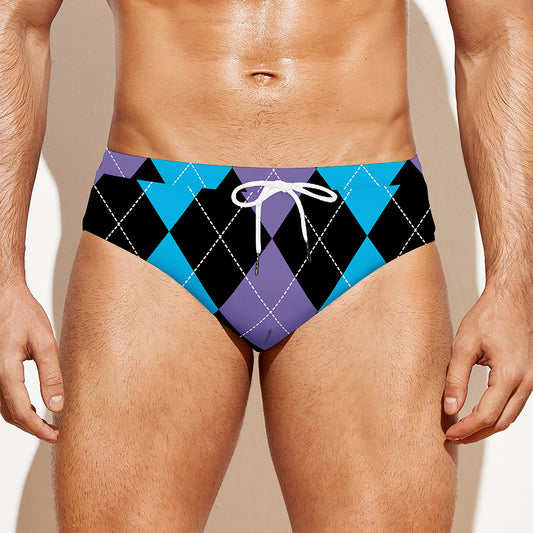 Purple Black And Blue Argyle Print Men's Swim Briefs