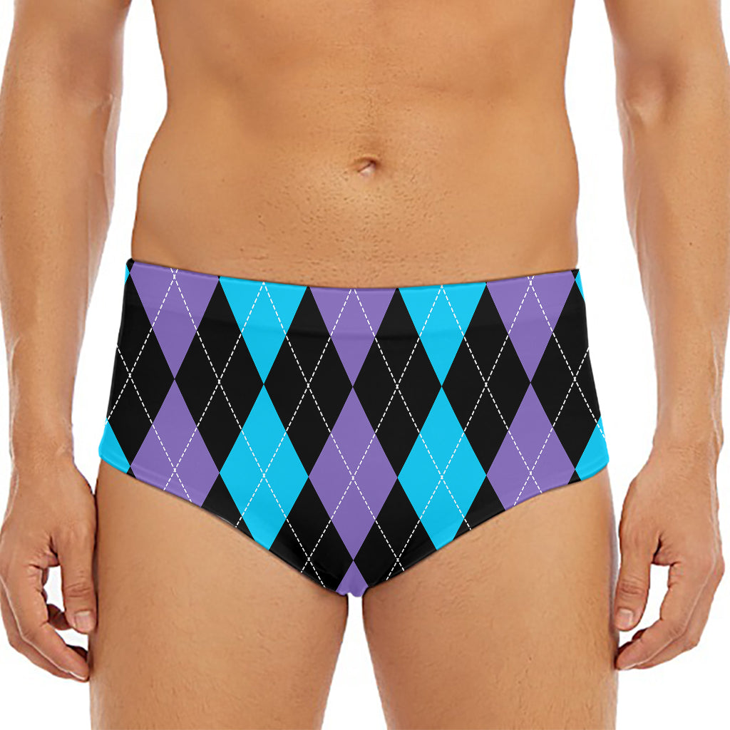 Purple Black And Blue Argyle Print Men's Triangle Swim Briefs