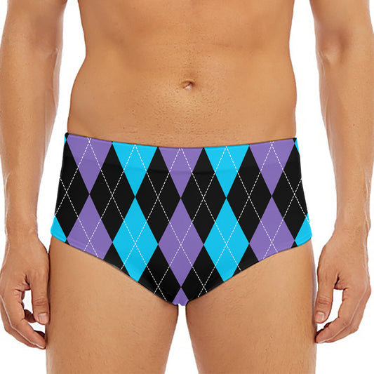 Purple Black And Blue Argyle Print Men's Triangle Swim Briefs