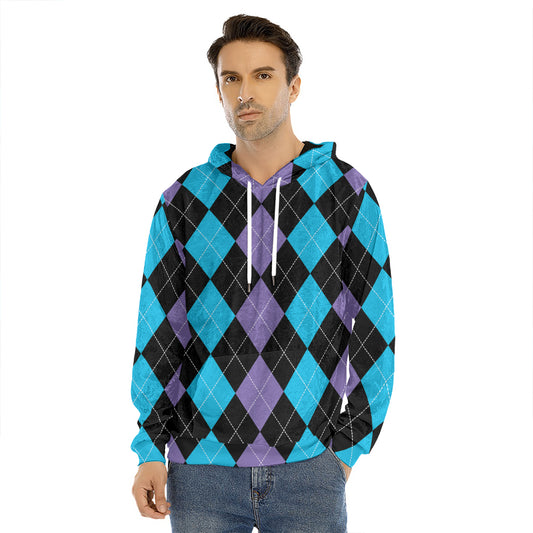 Purple Black And Blue Argyle Print Men's Velvet Pullover Hoodie
