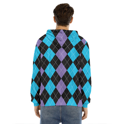Purple Black And Blue Argyle Print Men's Velvet Pullover Hoodie