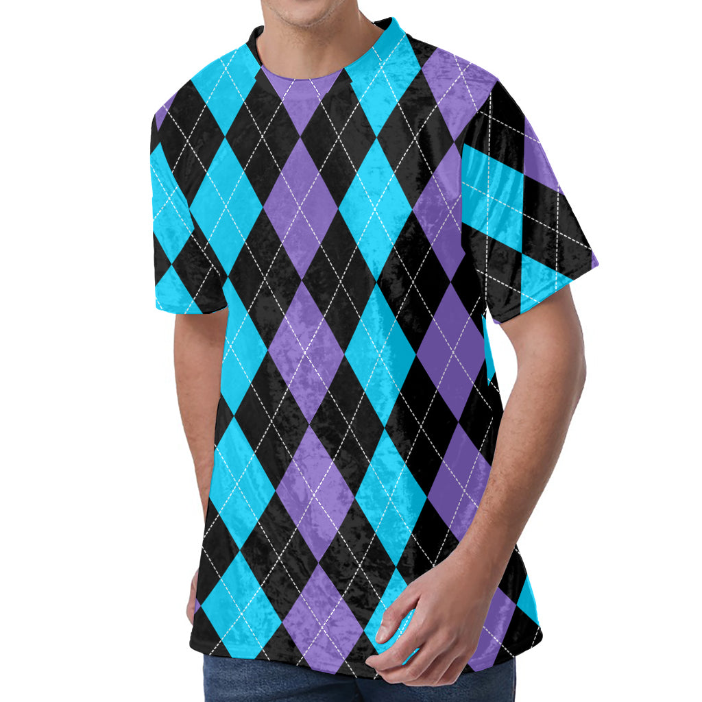 Purple Black And Blue Argyle Print Men's Velvet T-Shirt