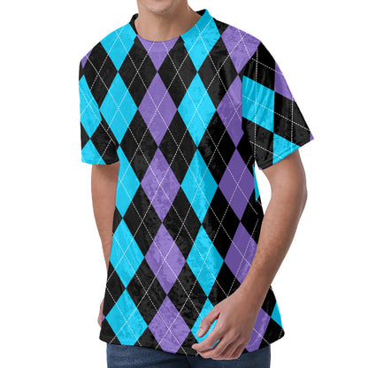 Purple Black And Blue Argyle Print Men's Velvet T-Shirt