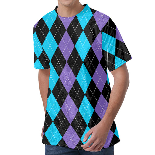 Purple Black And Blue Argyle Print Men's Velvet T-Shirt