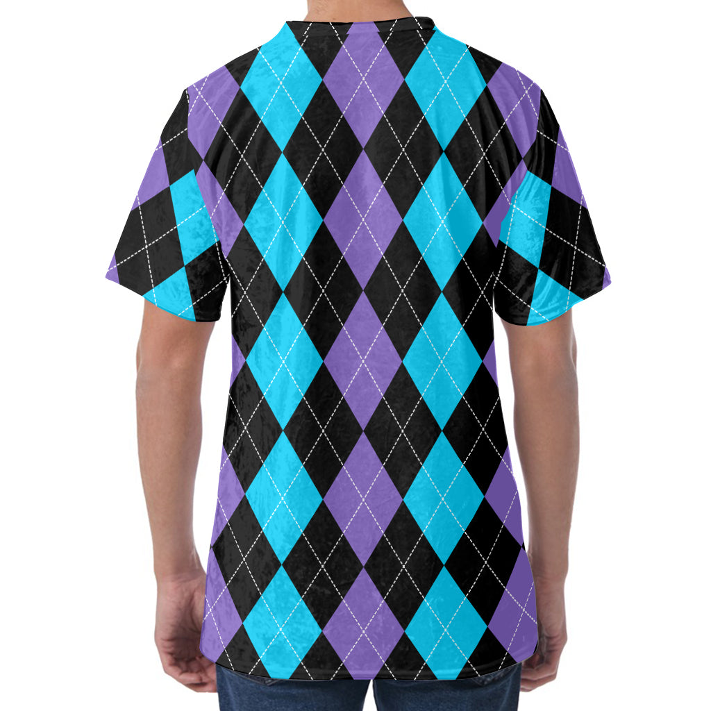 Purple Black And Blue Argyle Print Men's Velvet T-Shirt