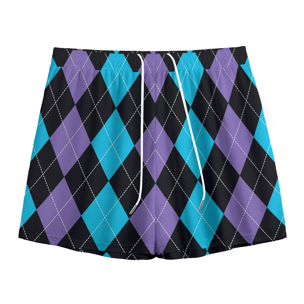 Purple Black And Blue Argyle Print Mesh Shorts