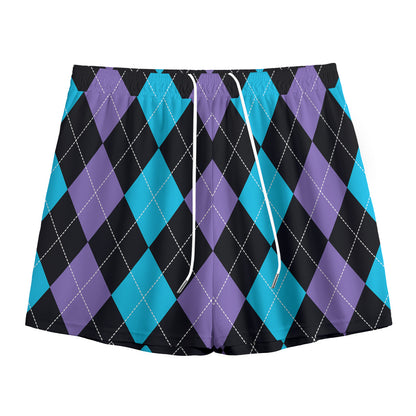 Purple Black And Blue Argyle Print Mesh Shorts