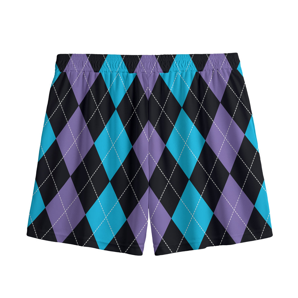 Purple Black And Blue Argyle Print Mesh Shorts