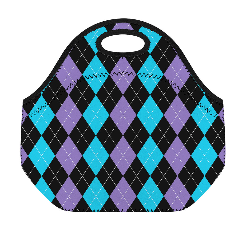 Purple Black And Blue Argyle Print Neoprene Lunch Bag