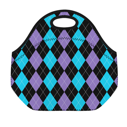 Purple Black And Blue Argyle Print Neoprene Lunch Bag