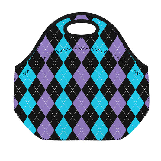 Purple Black And Blue Argyle Print Neoprene Lunch Bag